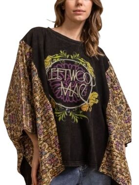 BlueVelvet Black Graphic Fleetwood Mac Kantha Poncho Top S/M